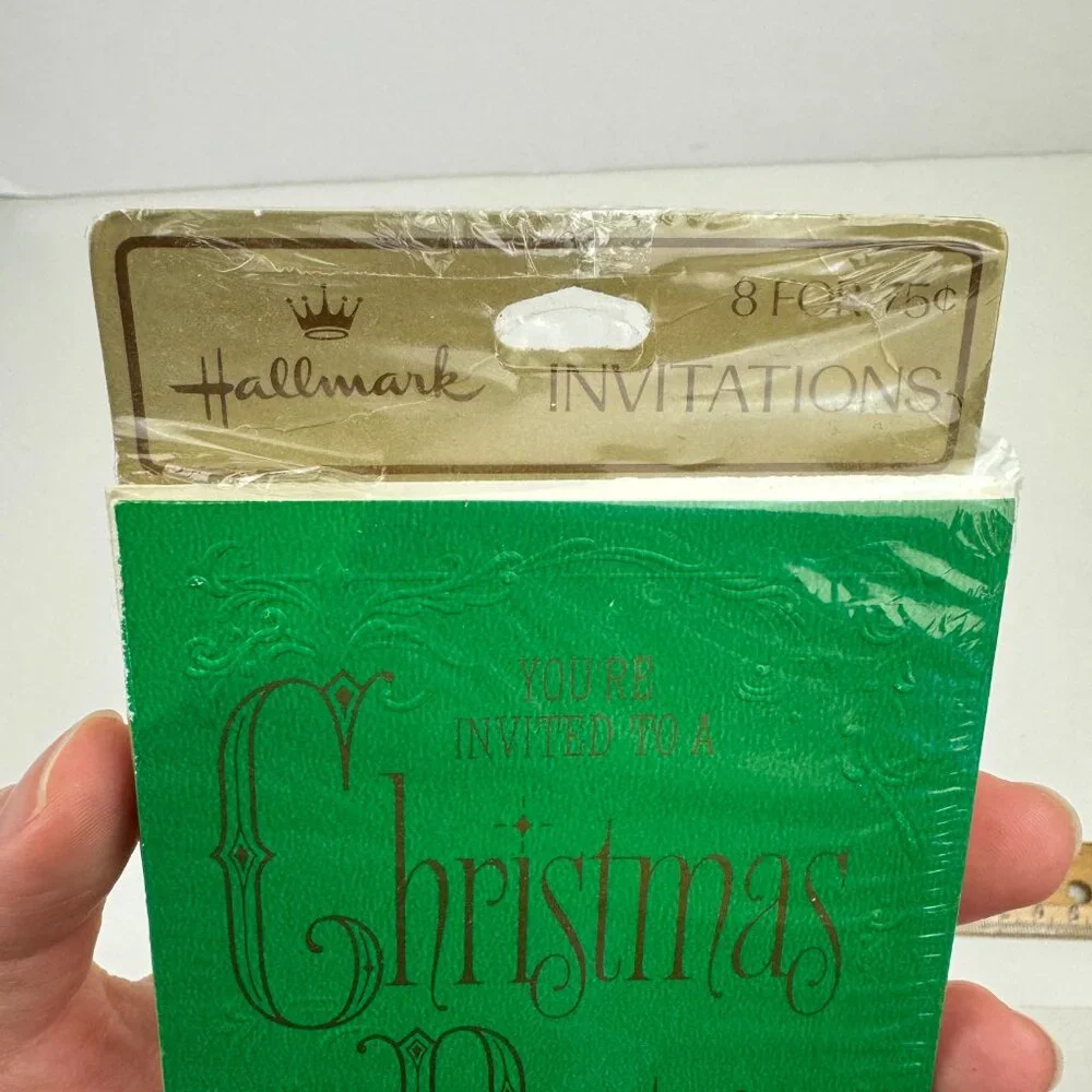 Vtg Retro Hallmark Christmas Party Invitation Green Gold Metallic Elegant‎ Font